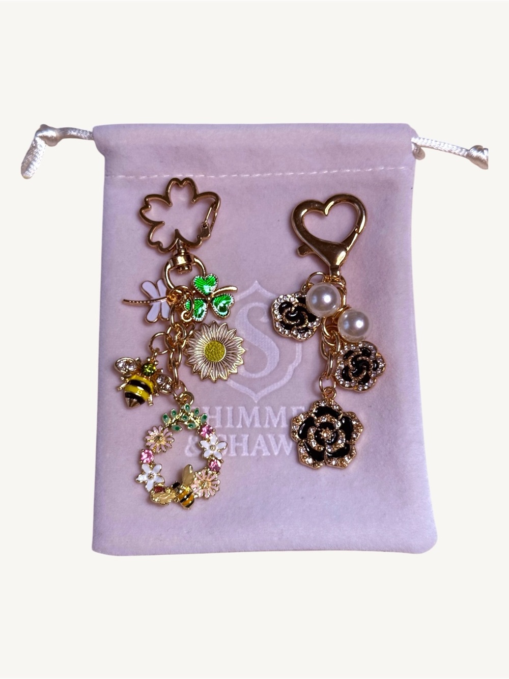 Enamel and Gold Charm Keychain Bag Charm Floral Bee Butterfly Purse Charm - Picture 13 of 16